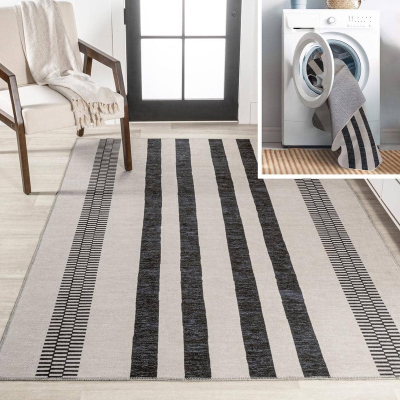JONATHAN Y Vichy Geometric Striped Machine-Washable Cream/Black 8 ft. x 10 ft. Area Rug WSH122B-8