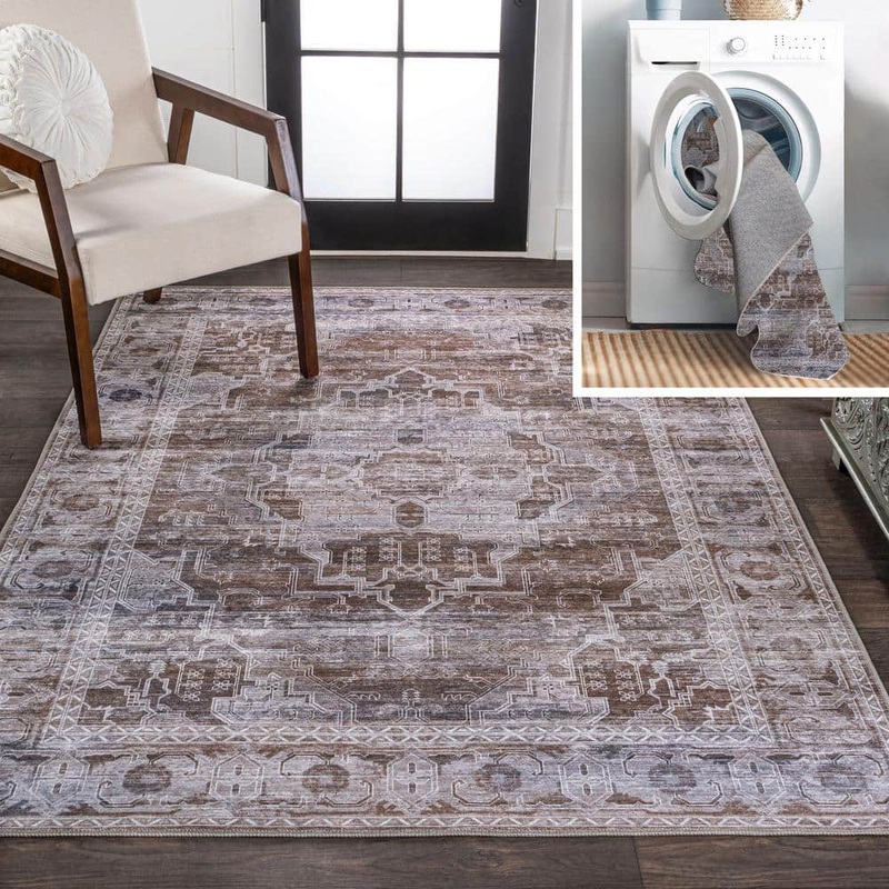 JONATHAN Y Alanya Ornate Medallion Machine-Washable Brown/Light Gray 3 ft. x 5 ft. Area Rug WSH100C-3