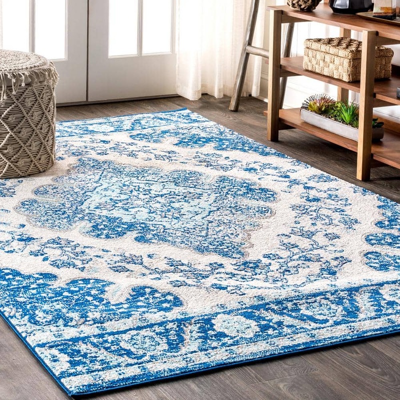 JONATHAN Y Bohemian Flair Boho Cream/Blue 3 ft. x 5 ft. Vintage Medallion Area Rug BMF106B-3