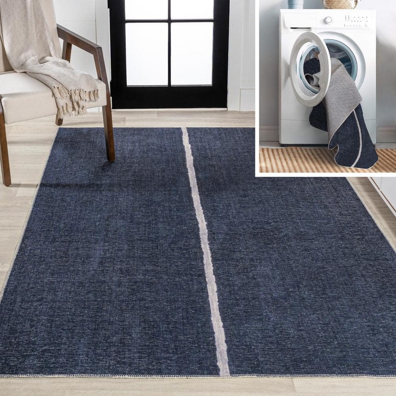 JONATHAN Y Linja Solid Centre Stripe Machine-Washable Navy/Ivory 8 ft. x 10 ft. Area Rug WSH117A-8