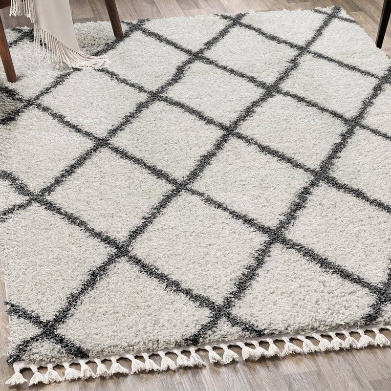 JONATHAN Y Mercer Shag Plush Tassel Moroccan Geometric Trellis Cream/Grey 4 ft. x 6 ft. Area Rug MCR104B-4