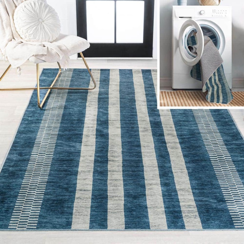 JONATHAN Y Vichy Geometric Striped Machine-Washable Blue/Cream 5 ft. x 8 ft. Area Rug WSH122D-5