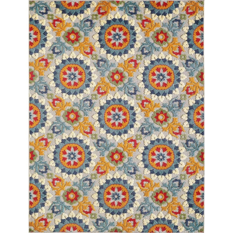 Kas Rugs Calla Ivory/Multi Manor 7 ft. x 9 ft. Floral Medallion Indoor/Outdoor Area Rug CAA693167X9