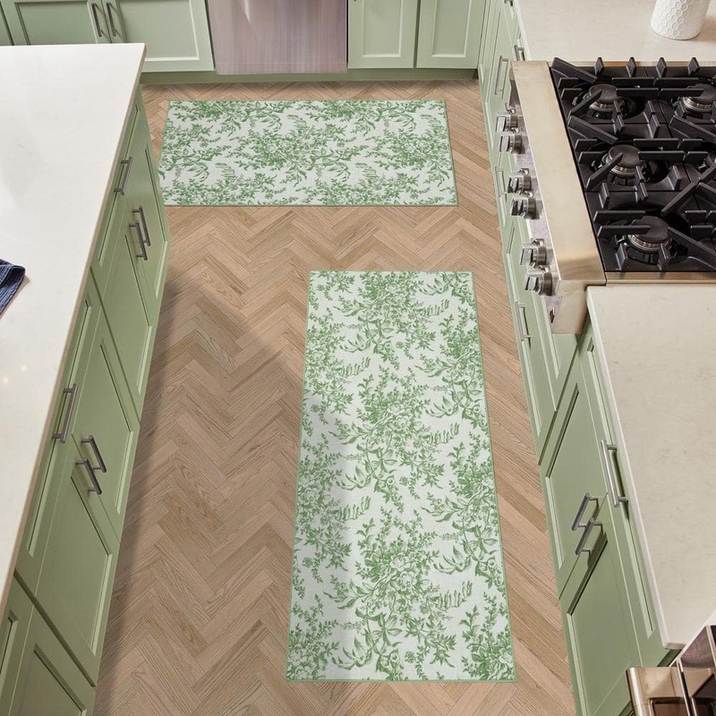 Laura Ashley Bedford Chenille Sage Ivory 2 ft. x 9 ft. Floral 2-Piece Rug Set LAA024432