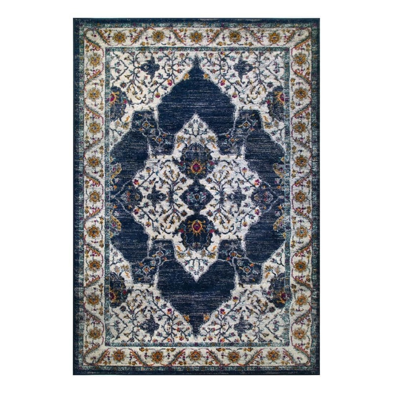 Leick Home Wendlyn Vintage Navy Blue and Ivory 8 ft. x 10 ft. Medallion Polypropylene Area Rug 596296