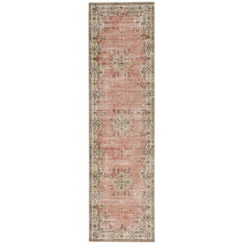Linon Home Decor Washable Blaire Pink and Ivory 2 ft. x 8 ft. Distressed Polyester Runner Rug THD03056