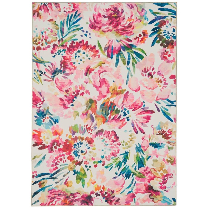 Linon Home Decor Washable Janelle Raspberry/Ivory 3 ft. x 5 ft. Floral Rectangle Area Rug THD03318