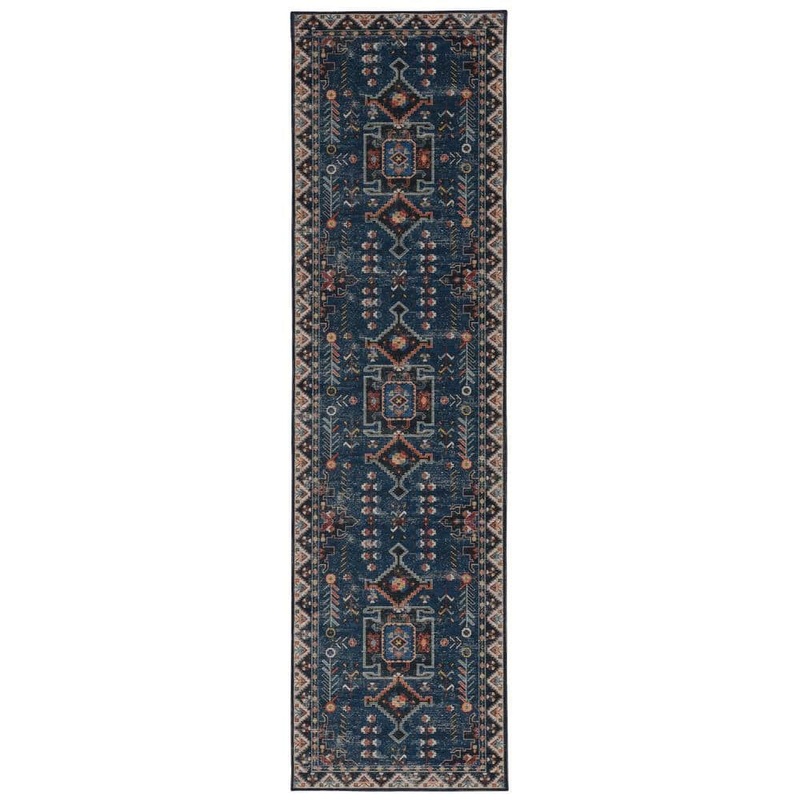 Linon Home Decor Washable Landon Teal and Ivory 2 ft. x 8 ft. Distressed Polyester Runner Rug THD03036