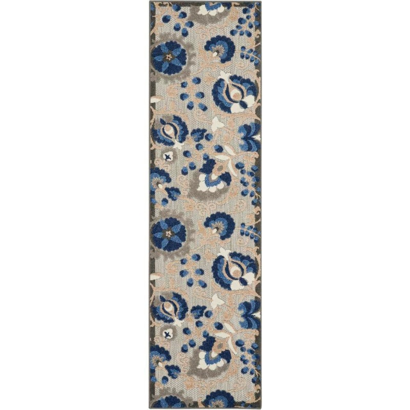 Nourison Aloha Blue 2 ft. x 8 ft. Kitchen Runner Floral Modern Indoor/Outdoor Patio Area Rug 739162