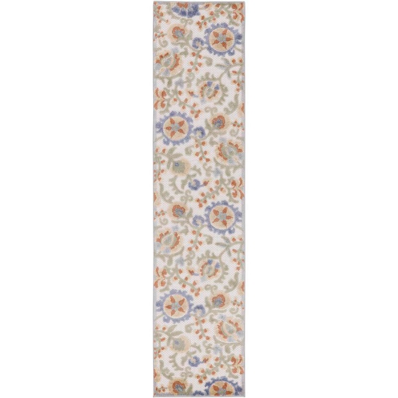 Nourison Aloha Ivory Blue doormat 2 ft. x 8 ft. Floral Contemporary Indoor/Outdoor Area Rug 921376