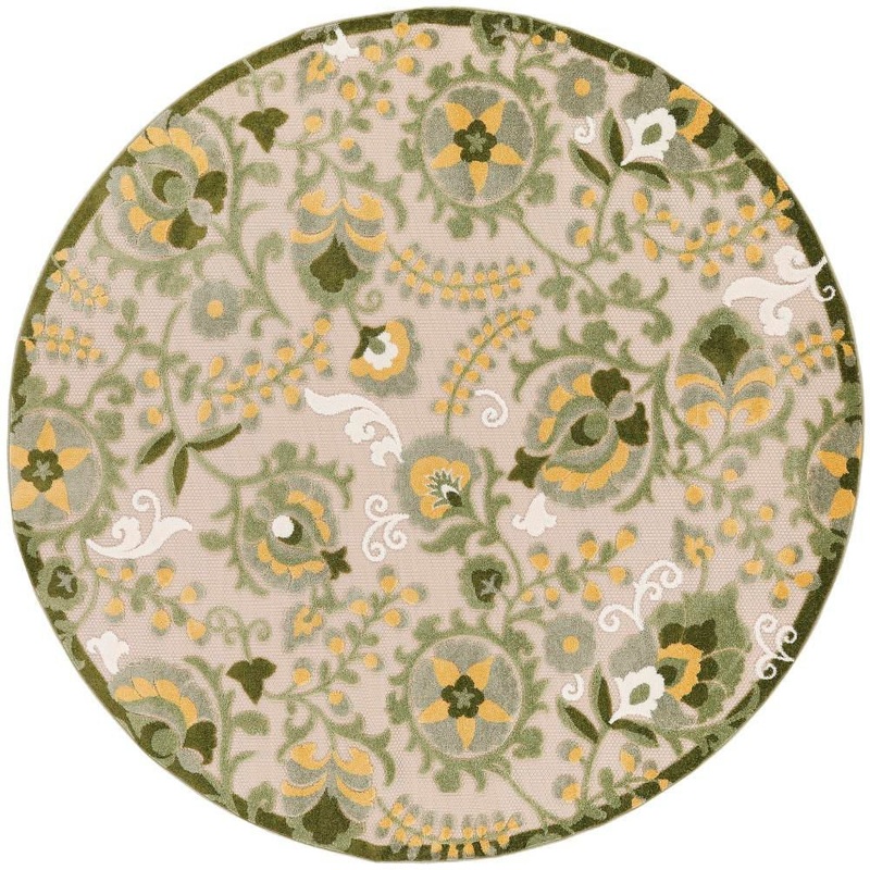Nourison Aloha Ivory Green 8 ft. x 8 ft. Floral Contemporary Indoor/Outdoor Round Area Rug 953063