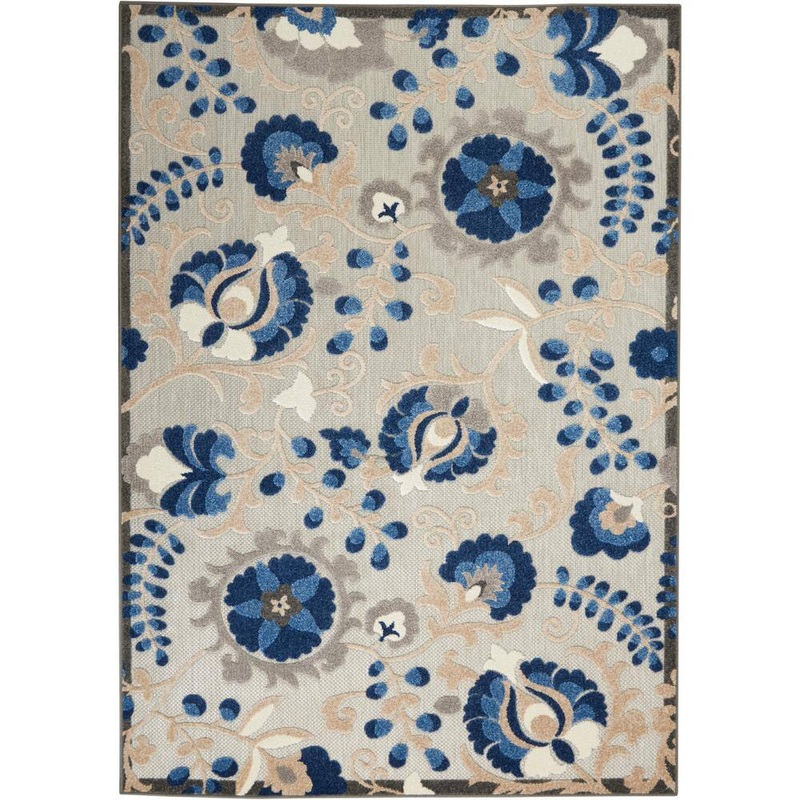 Nourison Aloha Natural/Blue 4 ft. x 6 ft. Floral Contemporary Indoor/Outdoor Patio Area Rug 739100