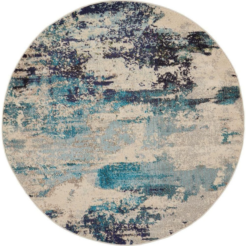 Nourison Celestial Ivory/Teal Blue 4 ft. x 4 ft. Abstract Modern Round Area Rug 722713
