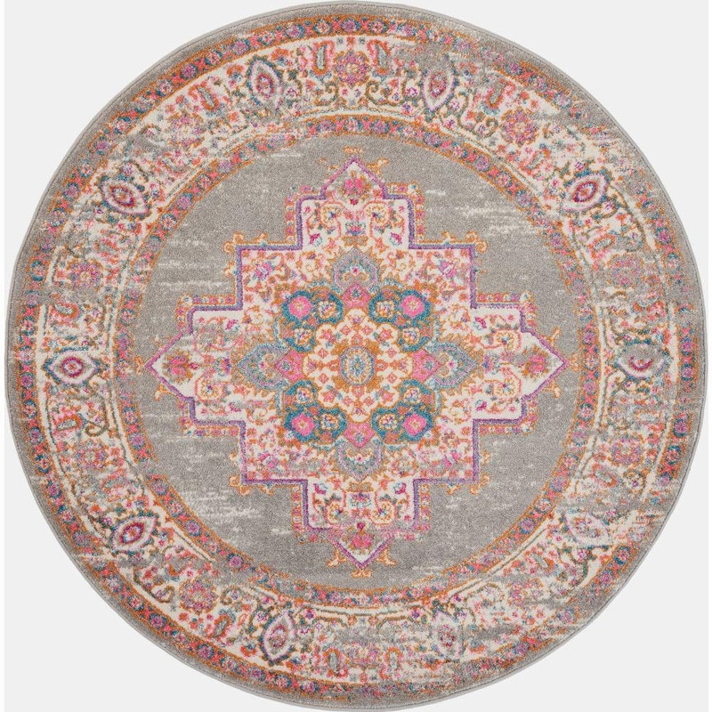 Nourison Passion Grey 4 ft. x 4 ft. Bordered Transitional Round Rug 457554