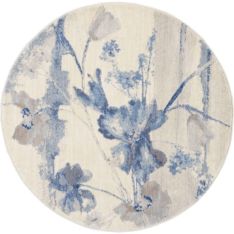 Nourison Somerset Ivory/Blue 4 ft. x 4 ft. Floral Contemporary Round Area Rug 034250