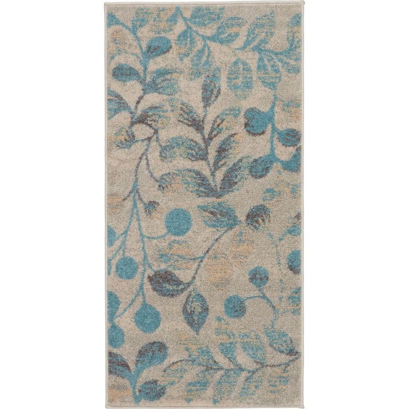 Nourison Tranquil Ivory/Turquoise doormat 2 ft. x 4 ft. Floral Modern Kitchen Area Rug 484208