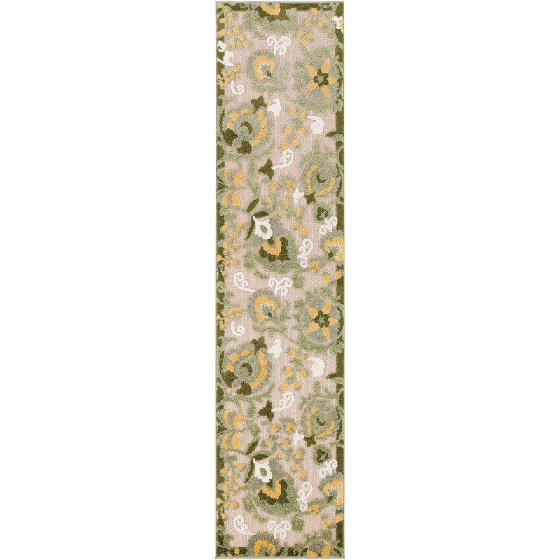 Nourison Aloha Ivory Green 2 ft. x 6 ft. Floral Contemporary Indoor/Outdoor Runner Area Rug 952998