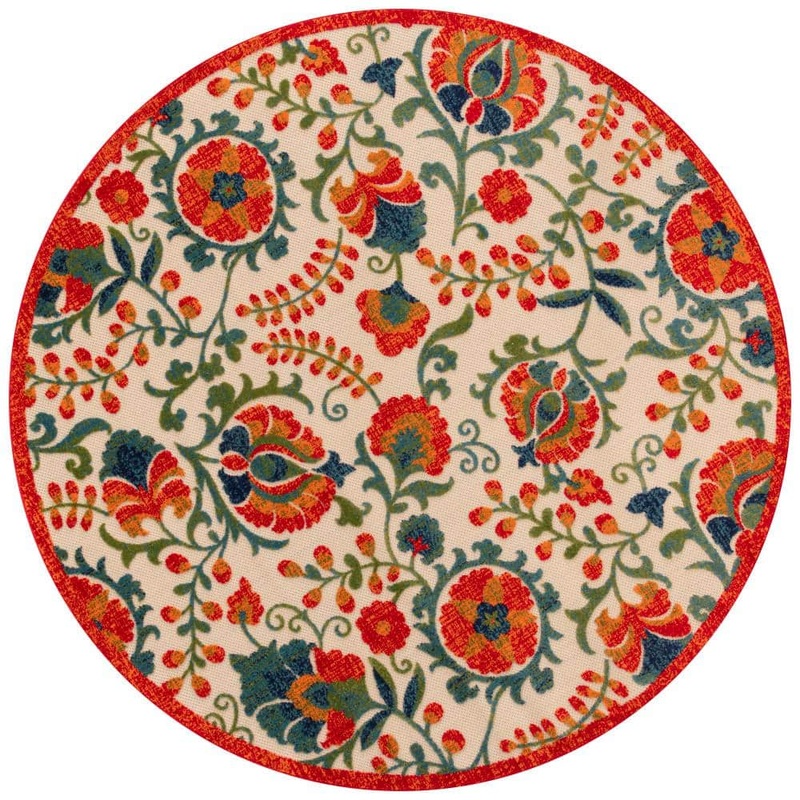 Nourison Aloha Red Multicolor 5 ft. x 5 ft. Floral Contemporary Indoor/Outdoor Round Area Rug 952431