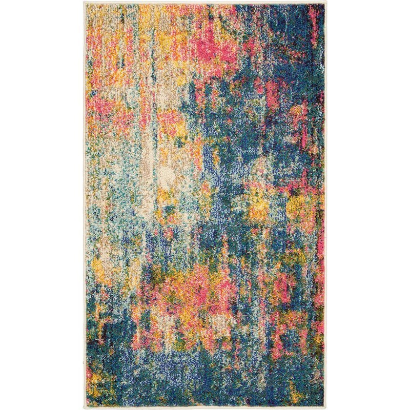 Nourison Celestial Blue/Yellow doormat 2 ft. x 4 ft. Abstract Contemporary Kitchen Area Rug 482686