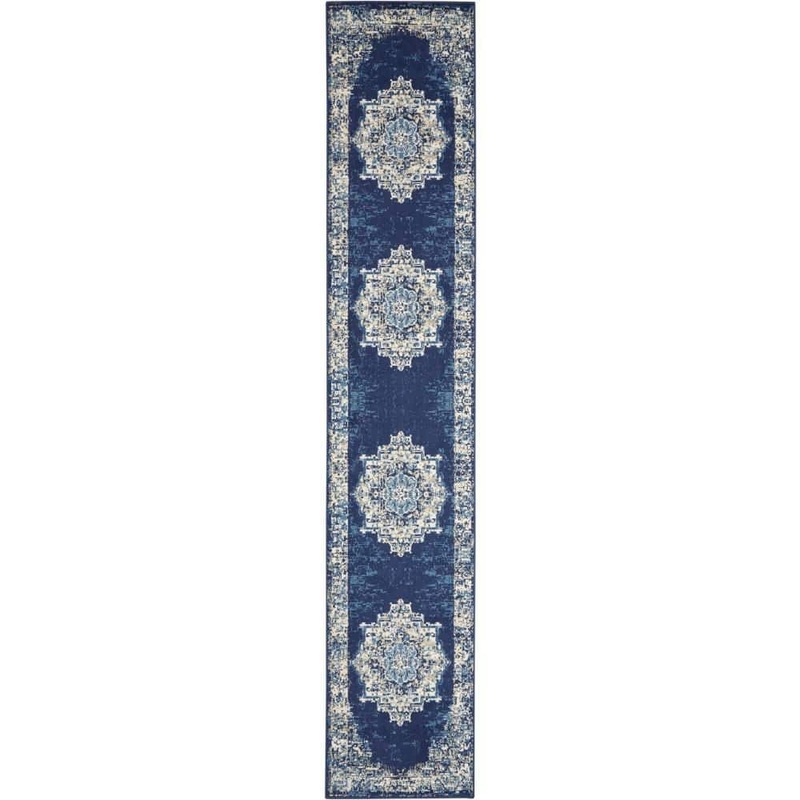 Nourison Grafix Navy Blue 2 ft. x 8 ft. Persian Medallion Transitional Kitchen Runner Area Rug 411709