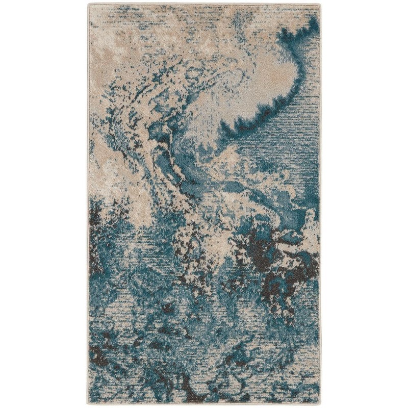 Nourison Maxell Ivory/Teal doormat 2 ft. x 4 ft. Abstract Contemporary Kitchen Area Rug 880192