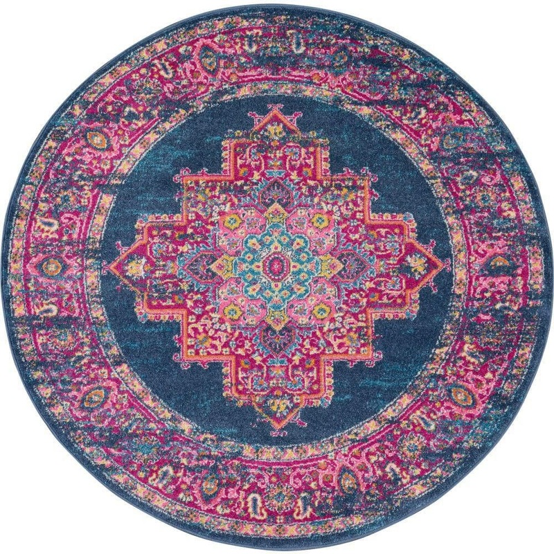 Nourison Passion Blue 5 ft. x 5 ft. Bordered Transitional Round Rug 469243