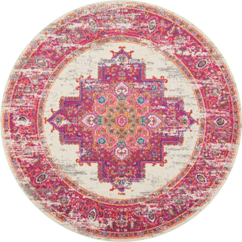 Nourison Passion Ivory/Fuchsia 5 ft. x 5 ft. Bordered Transitional Round Rug 259660