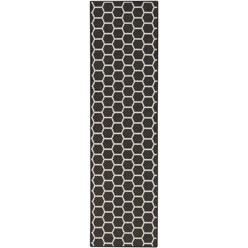 Nourison Reversible Indoor Outdoor Black 2 ft. x 8 ft. Honeycomb Contemporary Runner Area Rug 973870