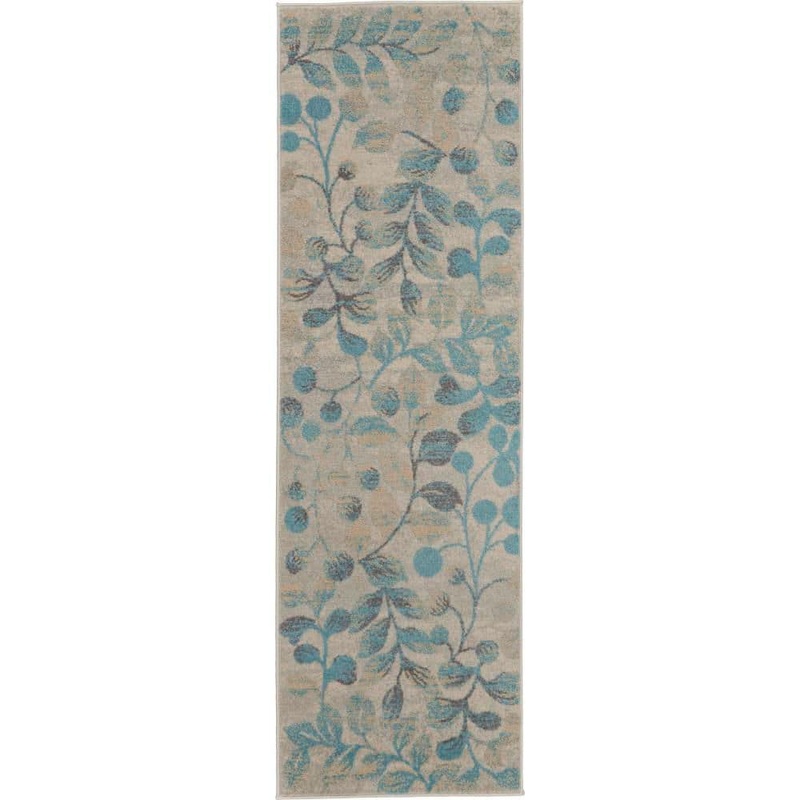Nourison Tranquil Ivory/Turquoise 2 ft. x 7 ft. Floral Modern Kitchen Runner Area Rug 484215