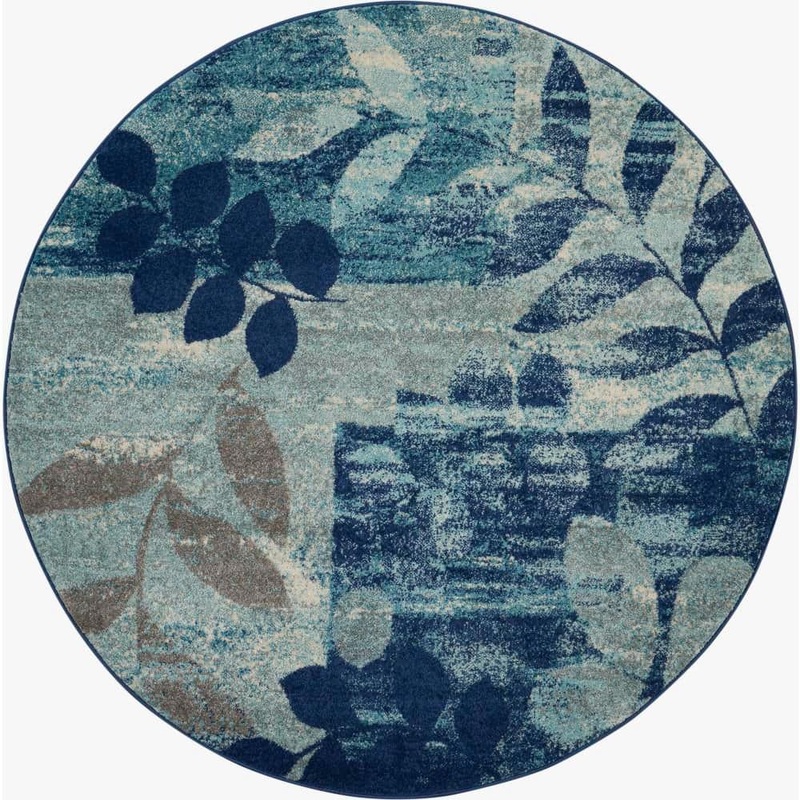 Nourison Tranquil Navy/Light Blue 5 ft. x 5 ft. Floral Contemporary Round Area Rug 485816
