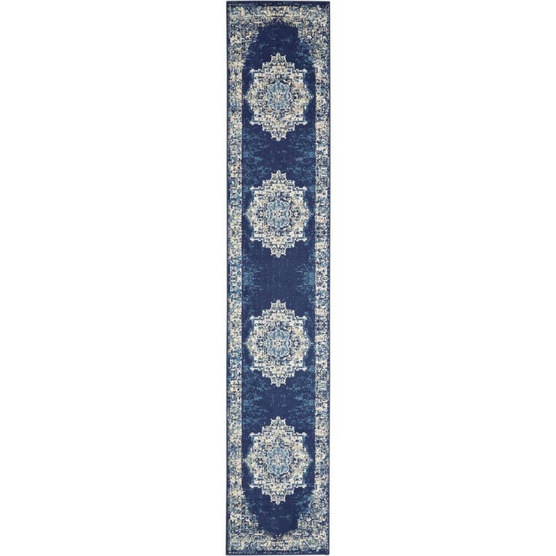 Nourison Grafix Navy Blue 2 ft. x 6 ft. Center medallion Transitional Runner Area Rug 963246