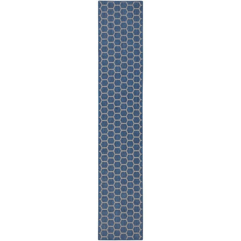 Nourison Reversible Indoor Outdoor Blue 2 ft. x 12 ft. Honeycomb Contemporary Runner Area Rug 974020