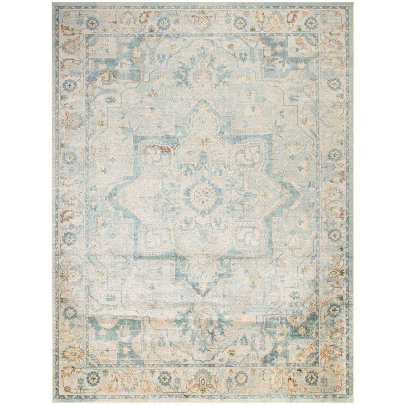 Nourison Astra Machine Washable Light Blue 8 ft. x 10 ft. Center medallion Traditional Area Rug 944832