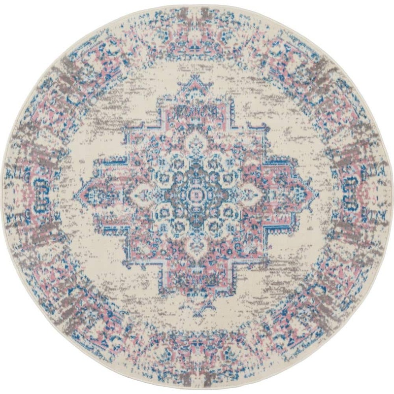Nourison Grafix Ivory/Pink 5 ft. x 5 ft. Persian Medallion Transitional Round Rug 481641