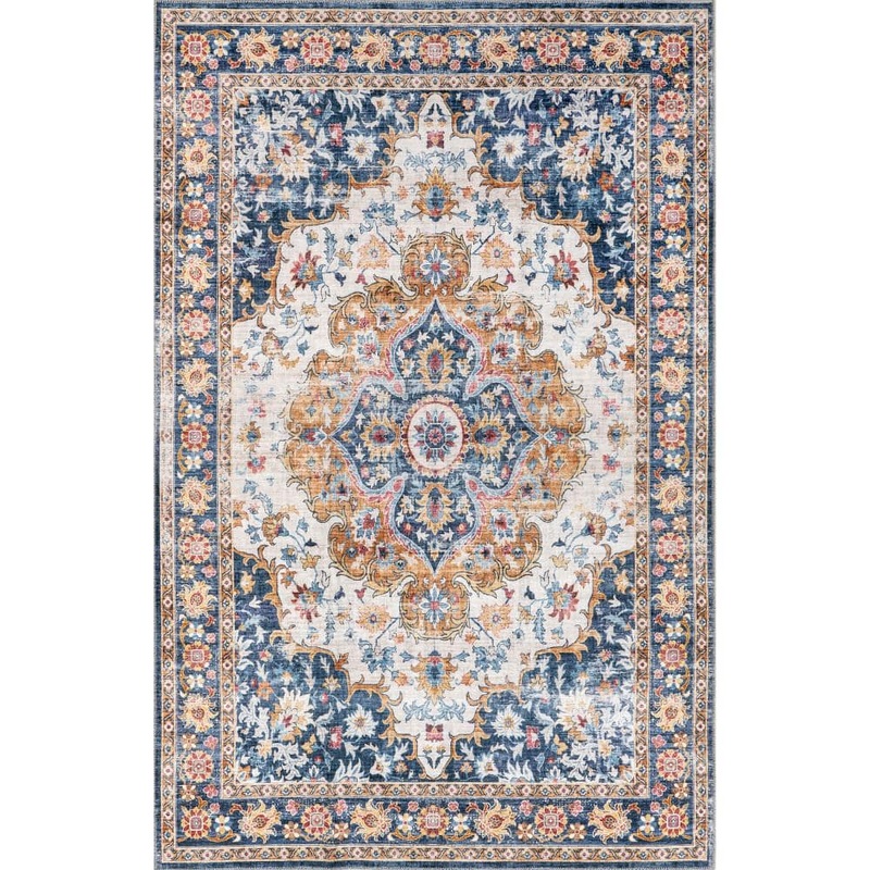 nuLOOM Emi Traditional Spill-Proof Machine Washable Blue Multi 4 ft. x 6 ft. Area Rug HJTH06A-406