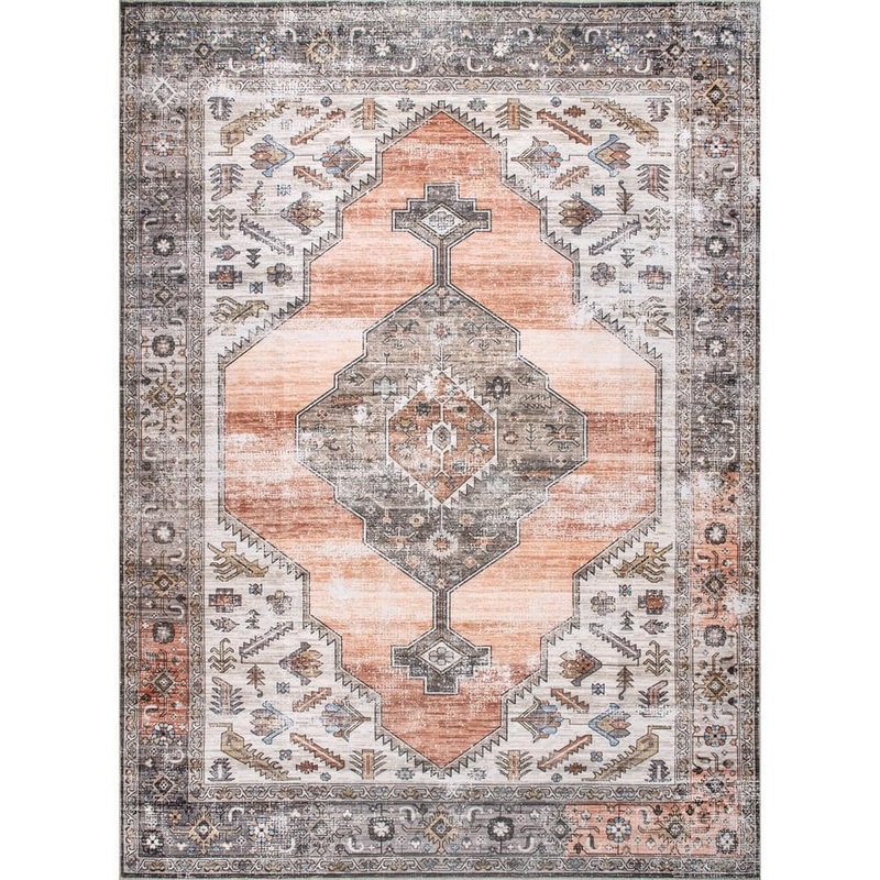 nuLOOM Gracie Machine Washable Distressed Medallion Peach Doormat 3 ft. x 5 ft. Indoor Area Rug BIVL03A-305