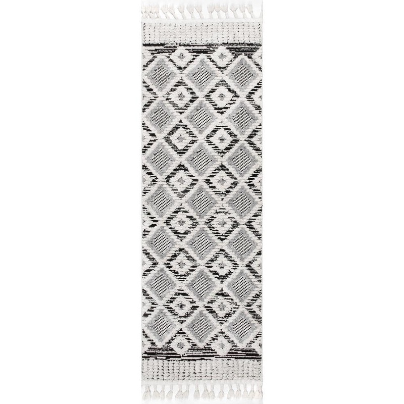nuLOOM Journey Shaggy Checkered Tiles Tassel Grey 2 ft. 8 in. x 12 ft. Runner Rug KKLR02A-28012