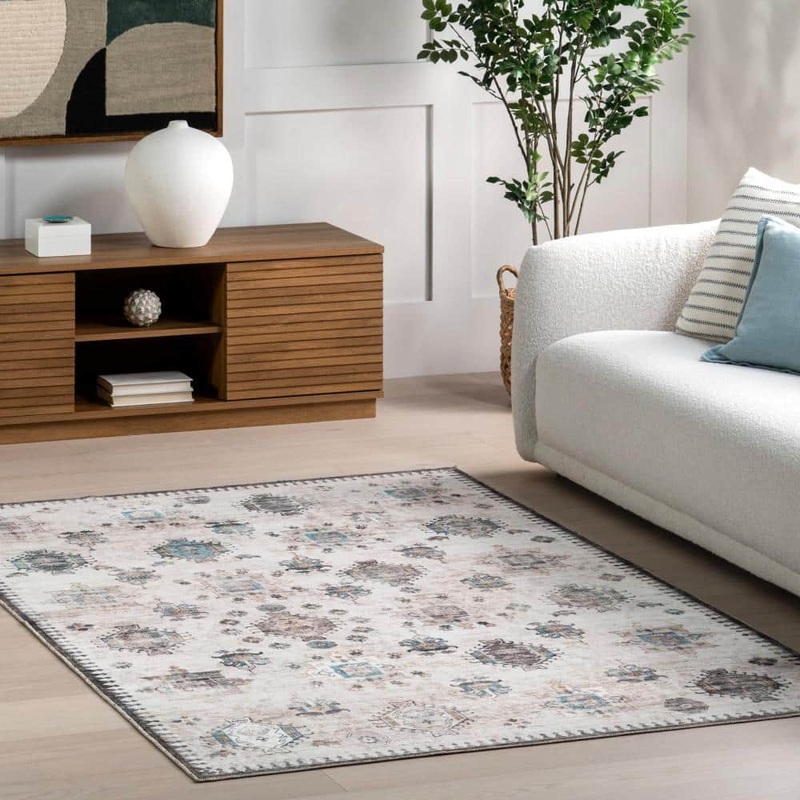 nuLOOM Krystin Distressed Machine Washable Area Rug Ivory 5 ft. x 8 ft. Area Rug HJVL13D-508
