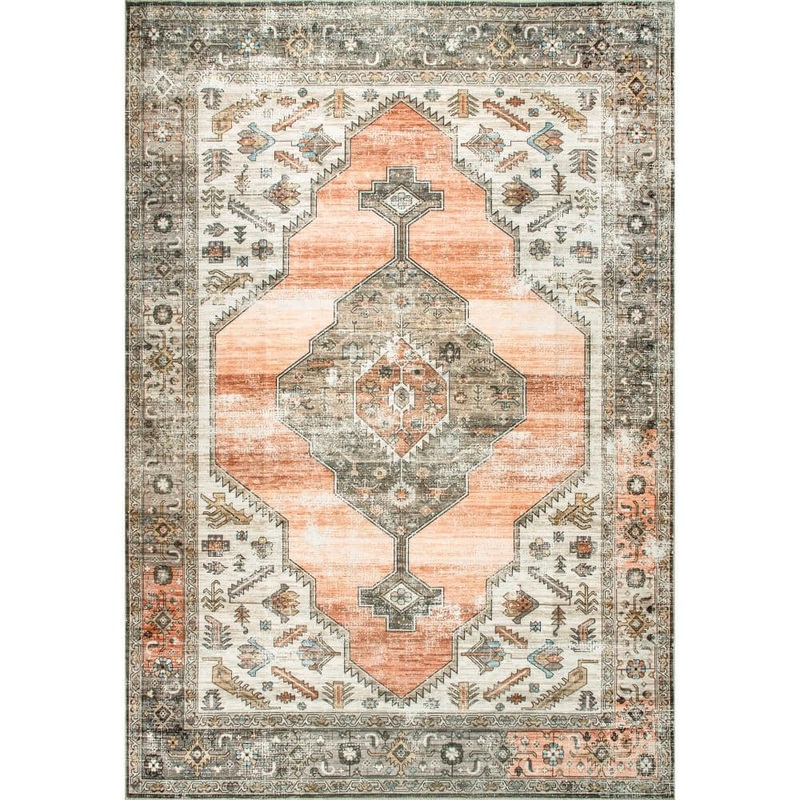nuLOOM Gracie Machine Washable Distressed Medallion Peach 6 ft. x 9 ft. Area Rug BIVL03A-609