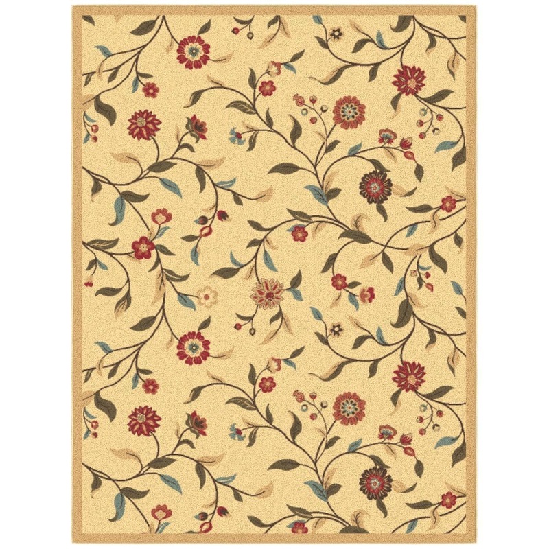 Ottomanson Basics Collection Non-Slip Rubberback Floral Leaves 5×7 Indoor Area Rug, 5 ft. x 6 ft. 6 in., Beige BSC3092-5X7