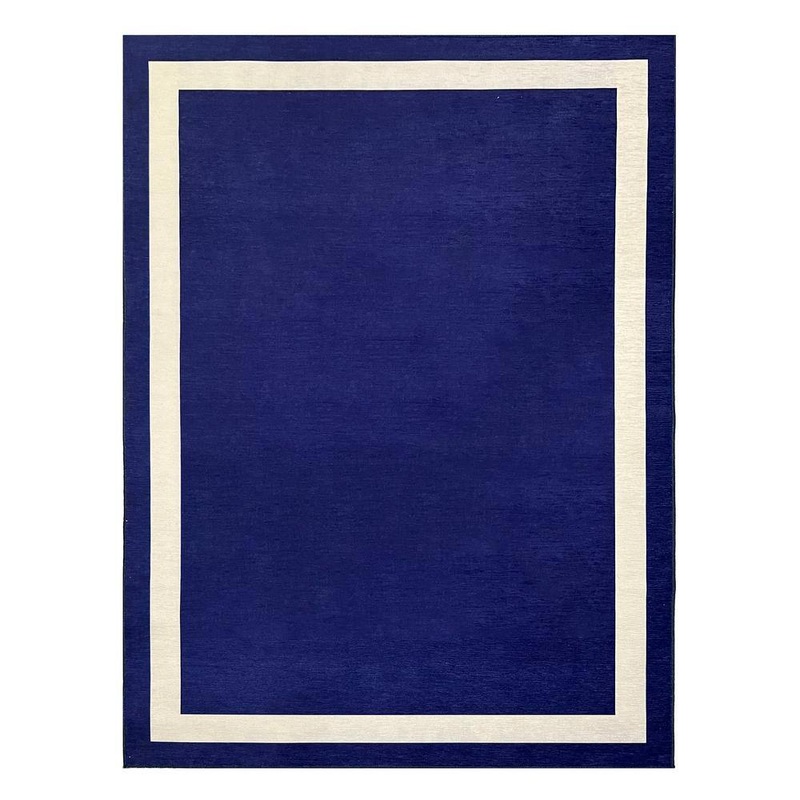 PLAYA RUG Everest Navy Creme 9 ft. x 12 ft. Machine Washable Geometric Modern Border Polyester Non-Slip Backing Area Rug EVR-NVY-9X12
