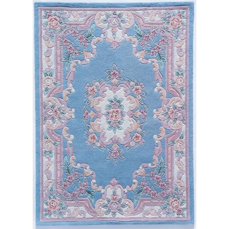 Rugs America New Aubusson Light Blue 6 ft. Round Wool Area Rug RA21554