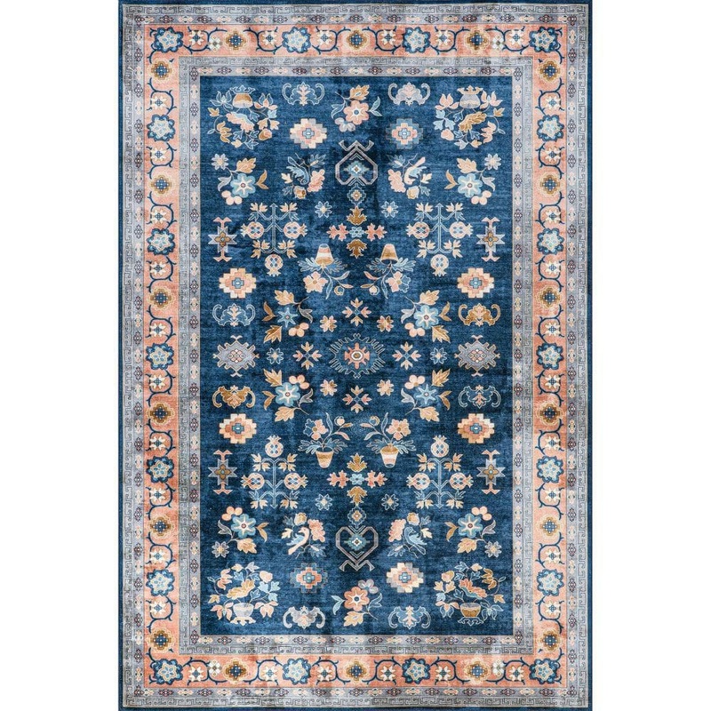 RUGS USA Dayflower Vintage Machine Washable Blue 9 ft. x 12 ft. Indoor/Outdoor Patio Rug BIVL104A-9012