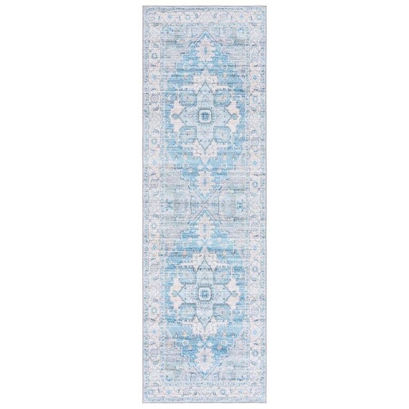 SAFAVIEH Arizona Gray/Turquoise 3 ft. x 8 ft. Distressed Border Ornate Machine Washable Runner Rug ARZ913B-28