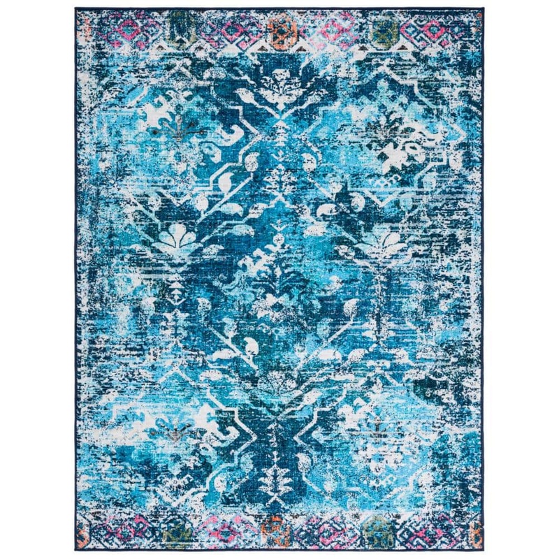 SAFAVIEH Riviera Navy/Light Blue 8 ft. x 10 ft. Machine Washable Floral Geometric Area Rug RIV117N-8