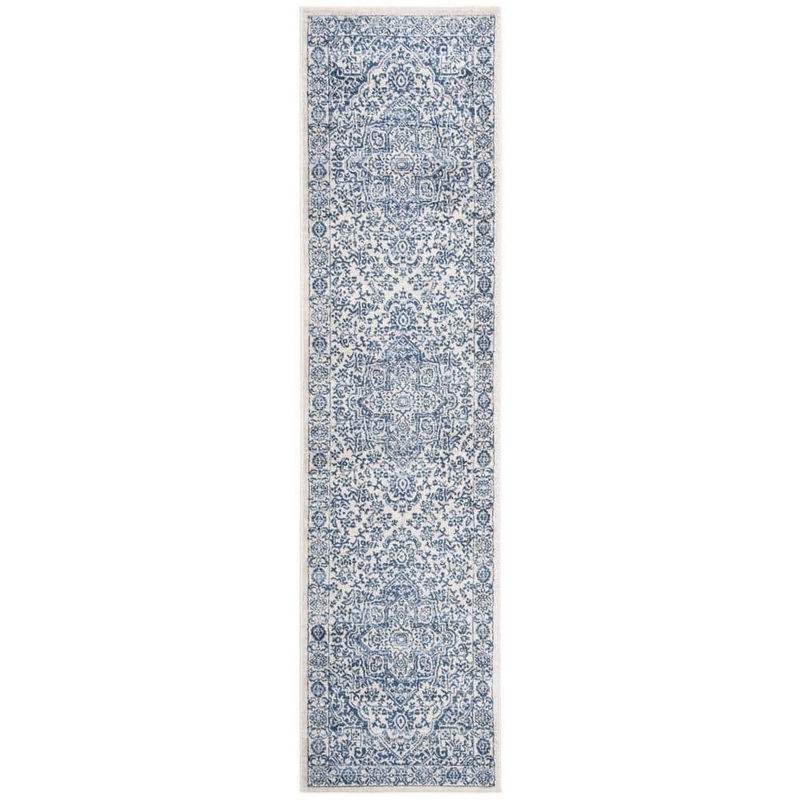SAFAVIEH Brentwood Navy/Light Gray 2 ft. x 14 ft. Distressed Border Medallion Runner Rug BNT832M-214