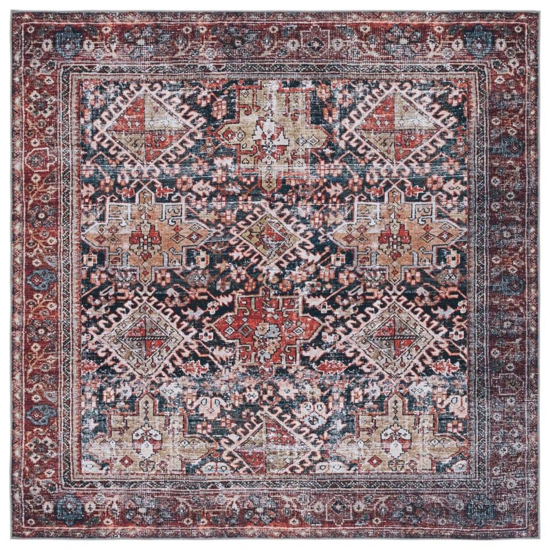 SAFAVIEH Tucson Navy/Rust 8 ft. x 8 ft. Machine Washable Floral Border Square Area Rug TSN130N-8SQ