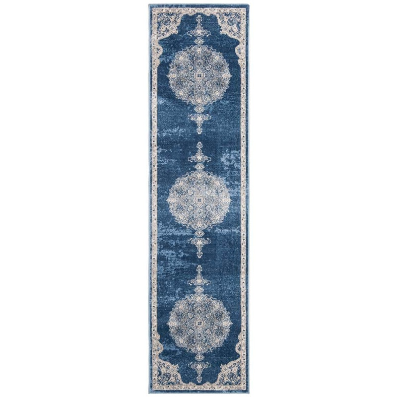 SAFAVIEH Brentwood Navy/Light Gray 2 ft. x 20 ft. Distressed Medallion Floral Runner Rug BNT867M-220