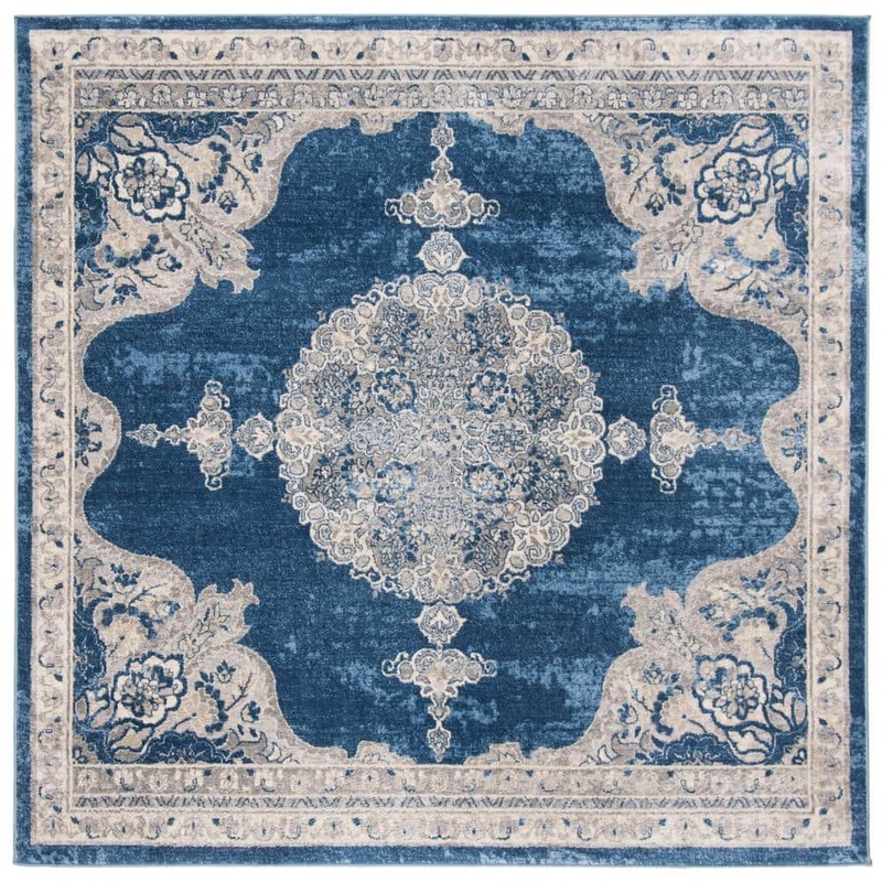 SAFAVIEH Brentwood Navy/Light Gray 9 ft. x 9 ft. Square Medallion Floral Distressed Area Rug BNT867M-9SQ