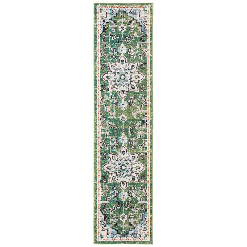 SAFAVIEH Madison Green/Turquoise 2 ft. x 20 ft. Border Geometric Floral Medallion Runner Rug MAD473Y-220